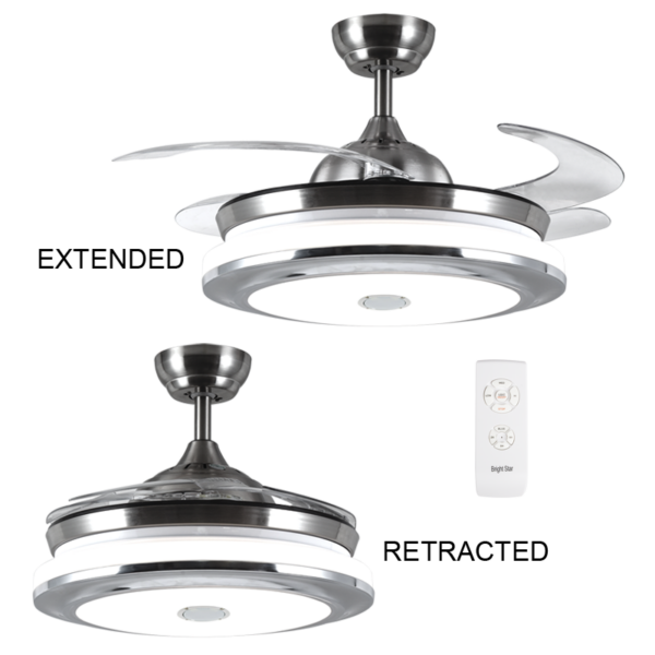 Brightstar FCF061 SATIN NICKEL Metal Ceiling Fan with 4 Retractable ABS Blades and Blue Tooth Speaker